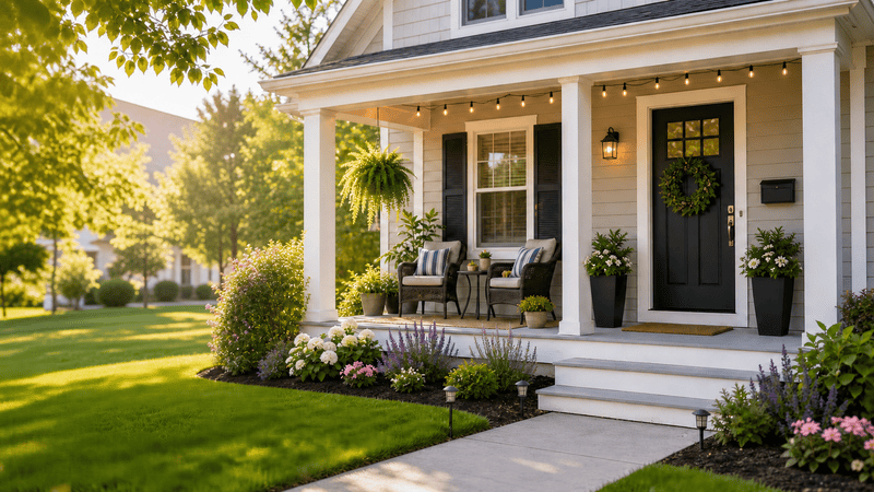 Front of a house thats light brown and have a nicely done landscaping.